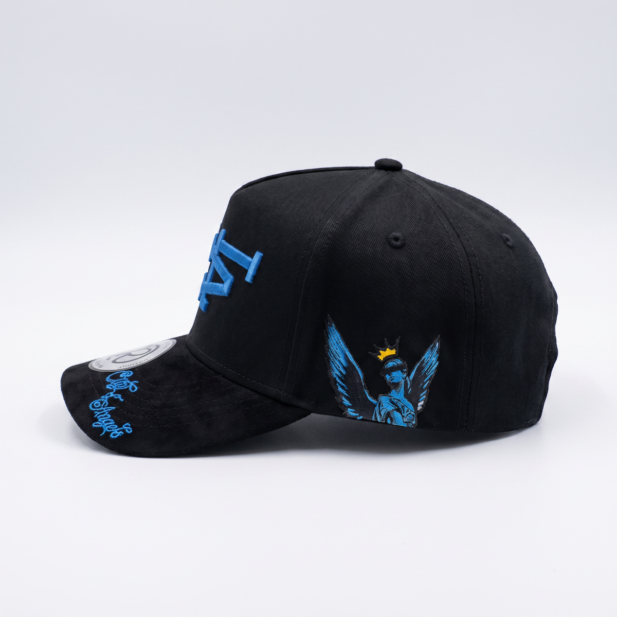The 213 Snapback Champions Edition — City Kings Drop | Side angle showing City of Angels brim embroidery in royal blue