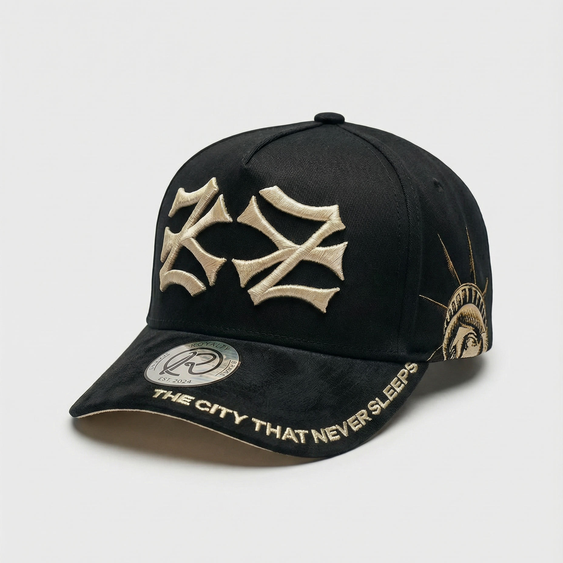 Black cap with gold emblem and text on a light gray background