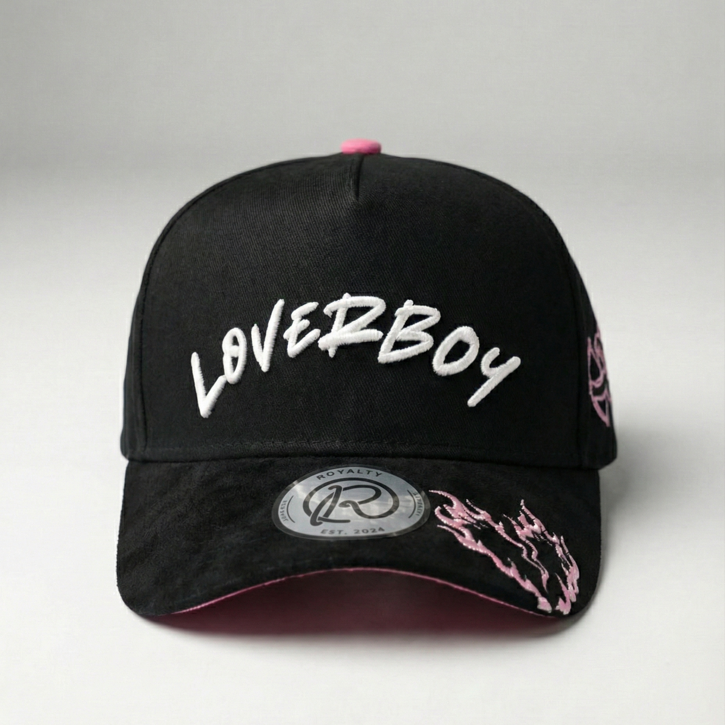 Black cap with 'LOVERBOY' text on a gray background