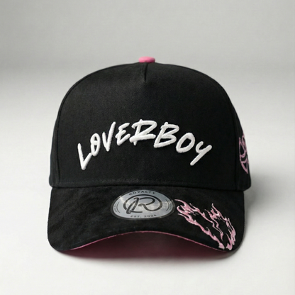 Black cap with 'LOVERBOY' text on a gray background