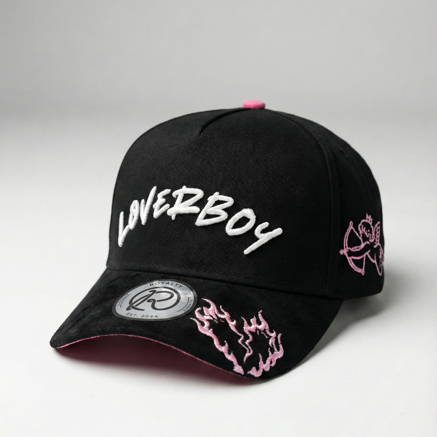 Black cap with 'Loverboy' text and pink accents on a gray background