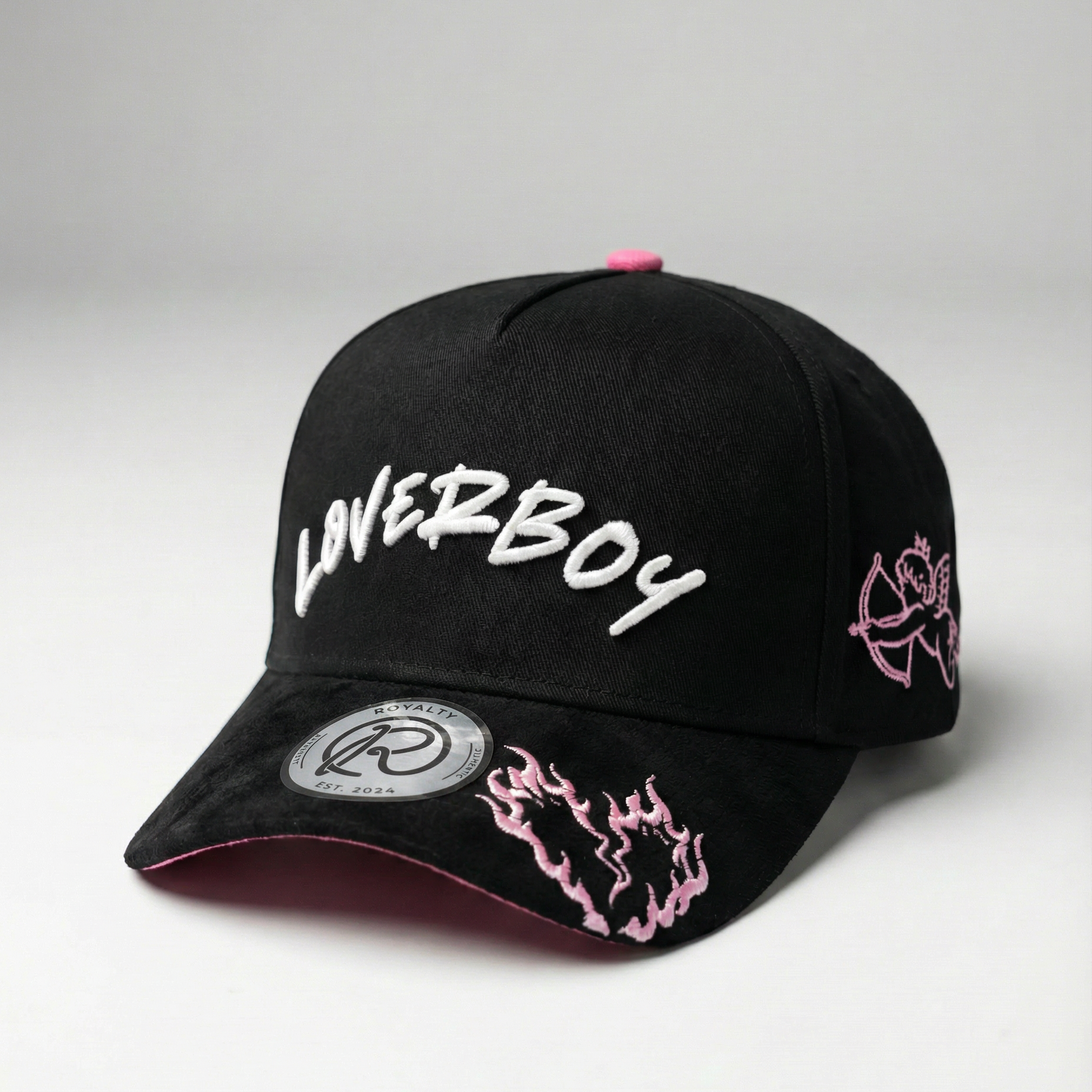 Black cap with 'Loverboy' text and pink accents on a gray background