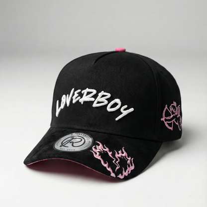 Black cap with 'Loverboy' text and pink accents on a gray background