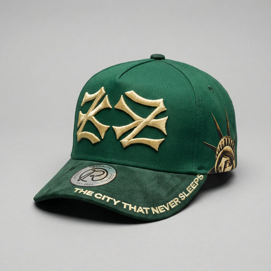 Green cap with gold logo and text on a gray background