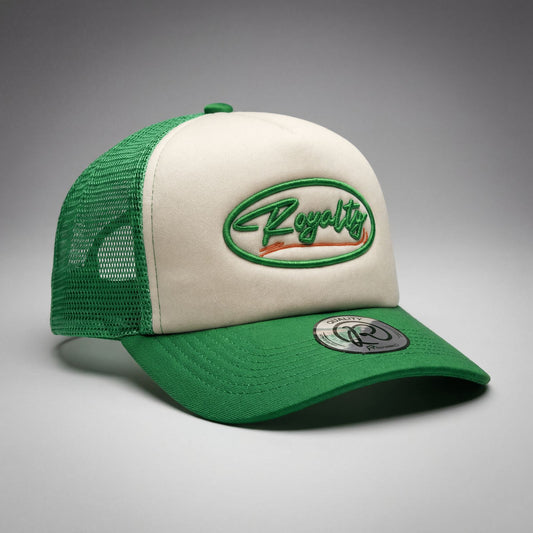 Green and white cap with 'Royalty' logo on a gray background