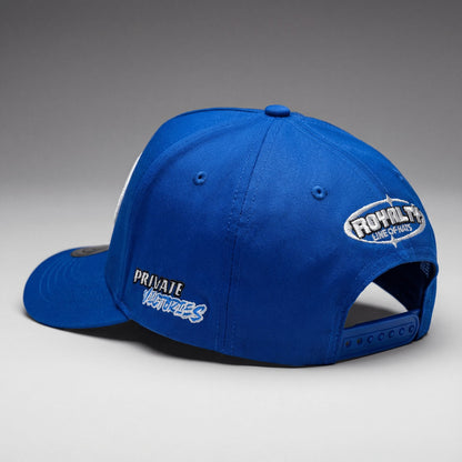 Blue cap with branding on a gray background