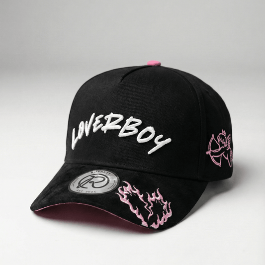 Black cap with 'Loverboy' text and pink accents on a gray background