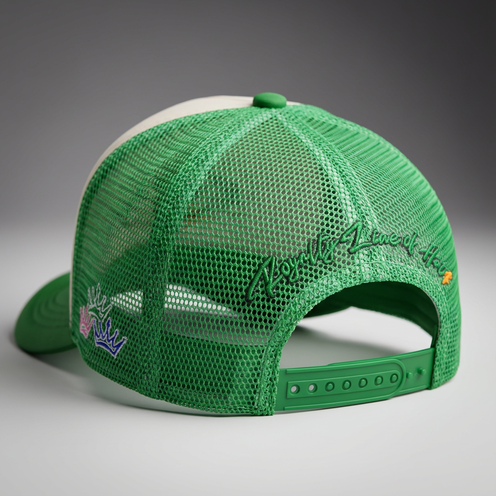Green mesh cap with branding on a gray background