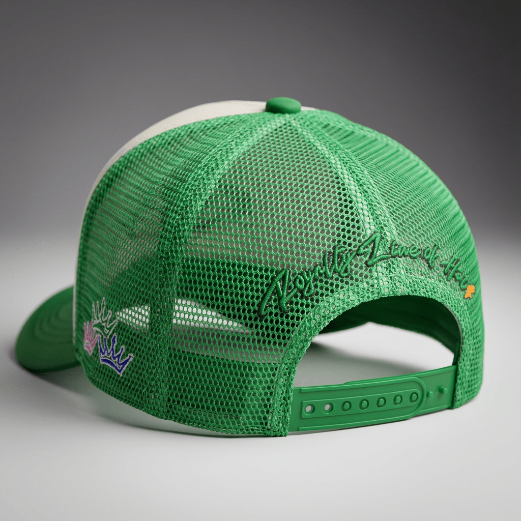 Green mesh cap with branding on a gray background