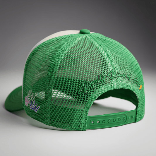 Green mesh cap with branding on a gray background